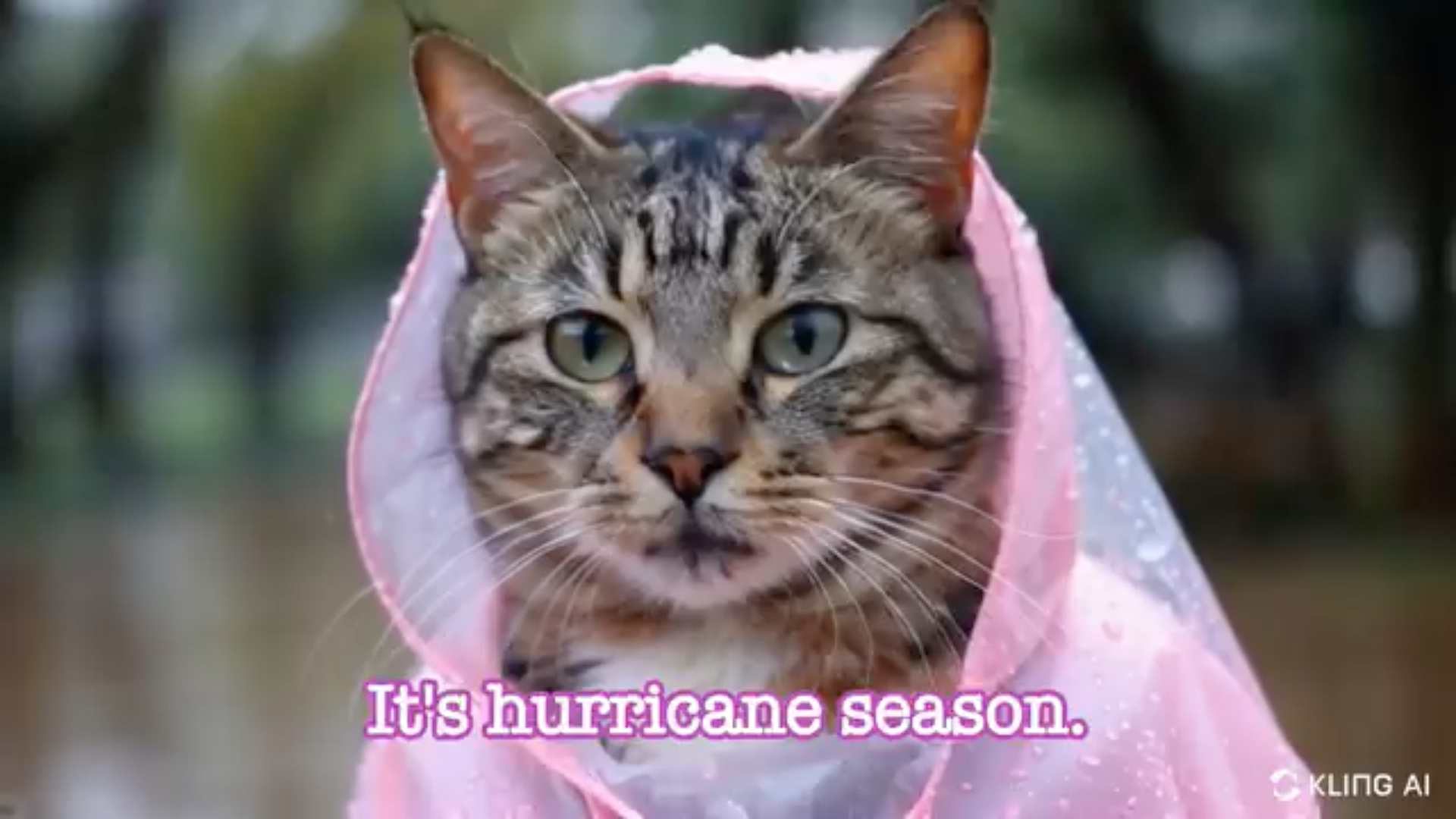 AI-generate image of cat with pink rain hat and subtitle