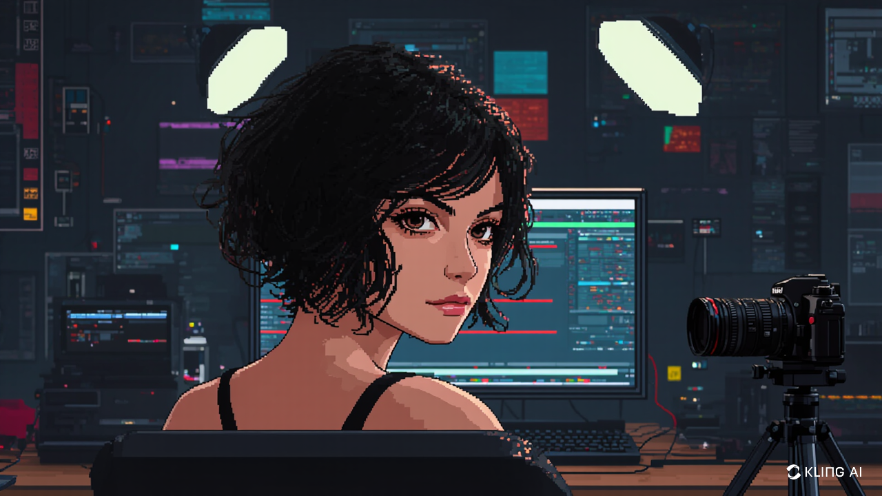 Pixel art image of woman seated at computer monitor, head turn as if looking at someone behind her