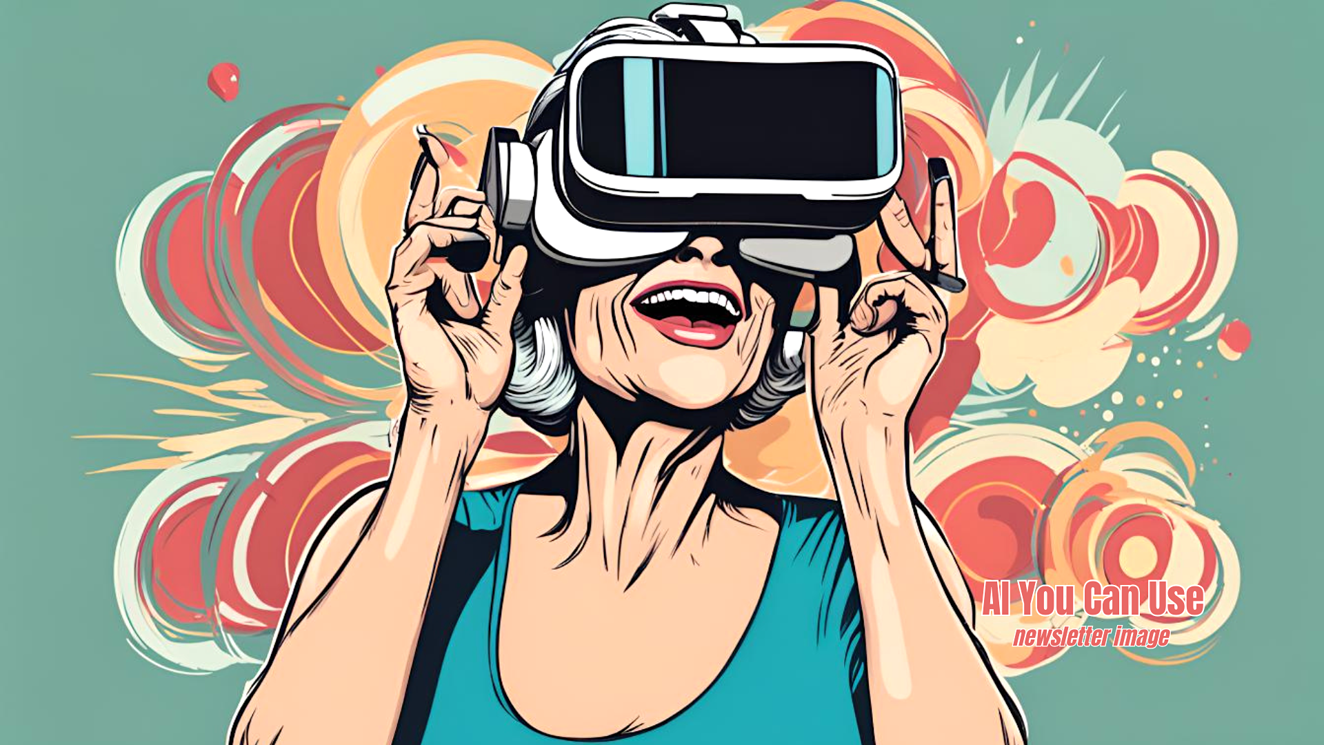 pop art image of older woman wearing blacked out goggles and holding them