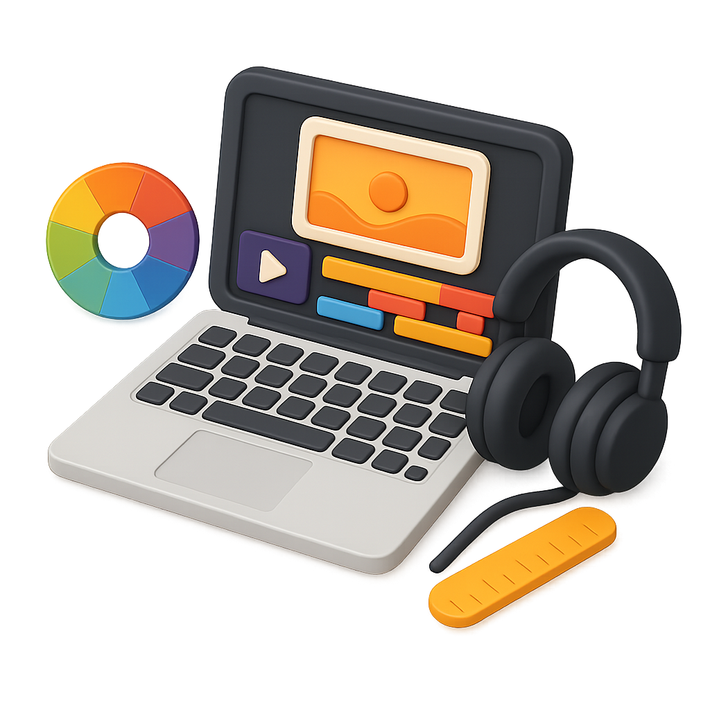 Graphic of laptop, headset, and disc